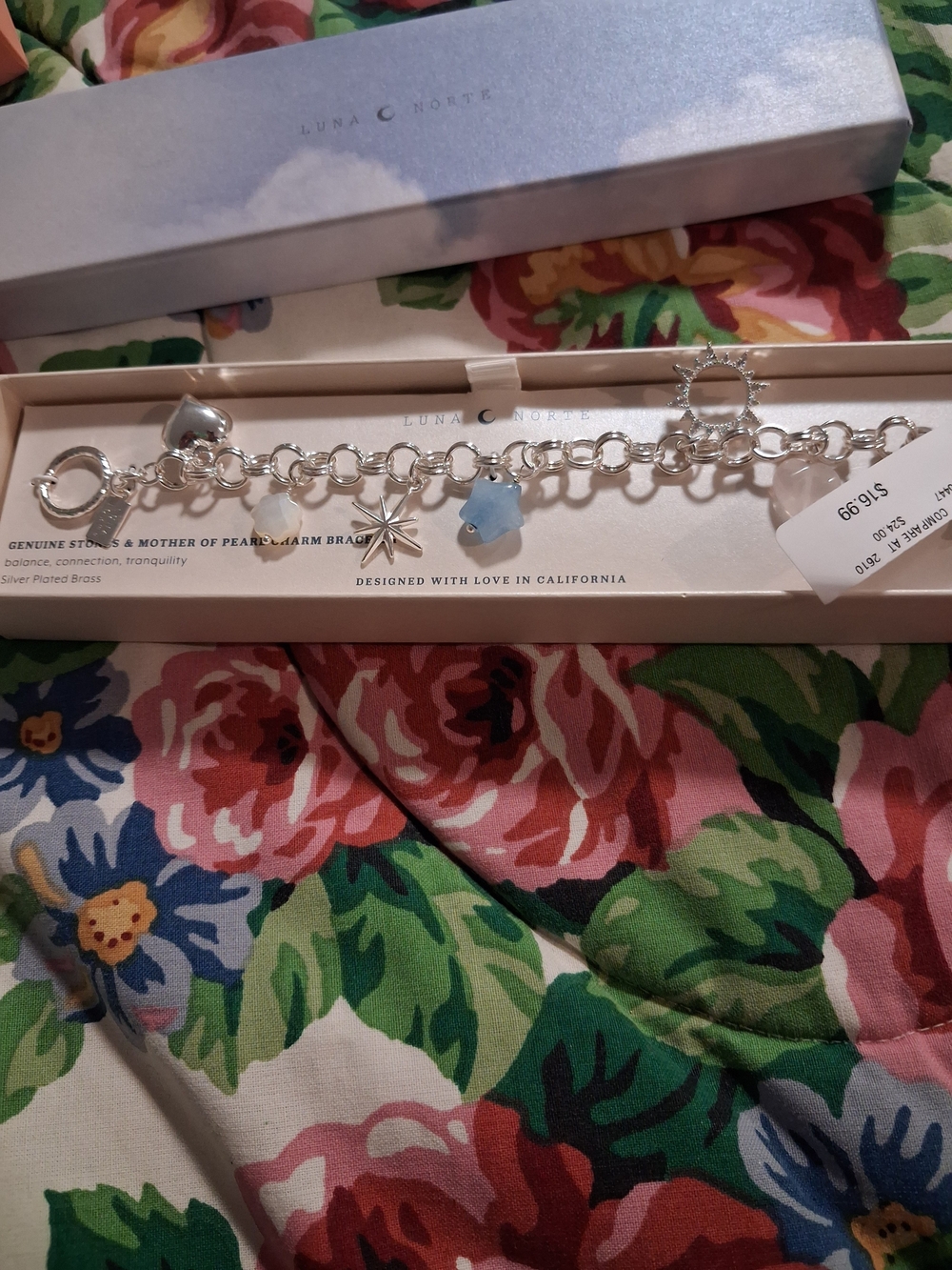 Luna Norte Silver Charm Bracelet with Light Blue Stone